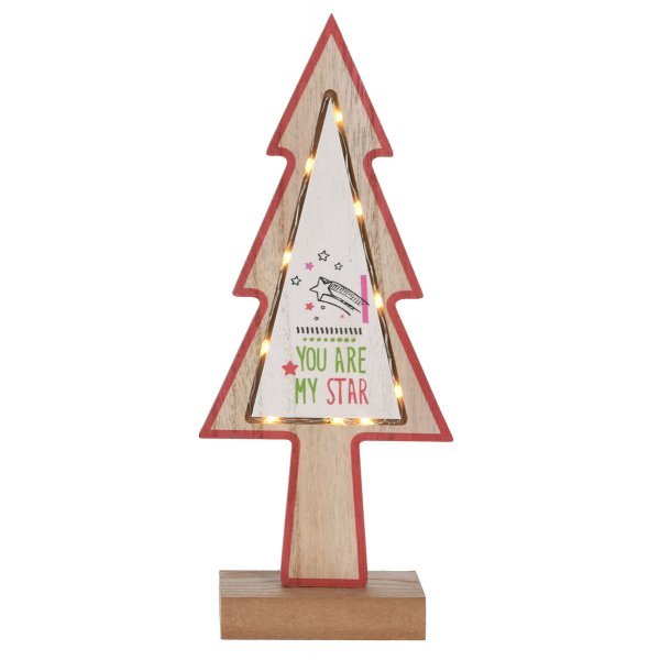 Χριστουγεννιάτικο Ξύλινο Διακοσμητικό Δεντράκι με LED, Κόκκινο Περίγραμμα (37cm)